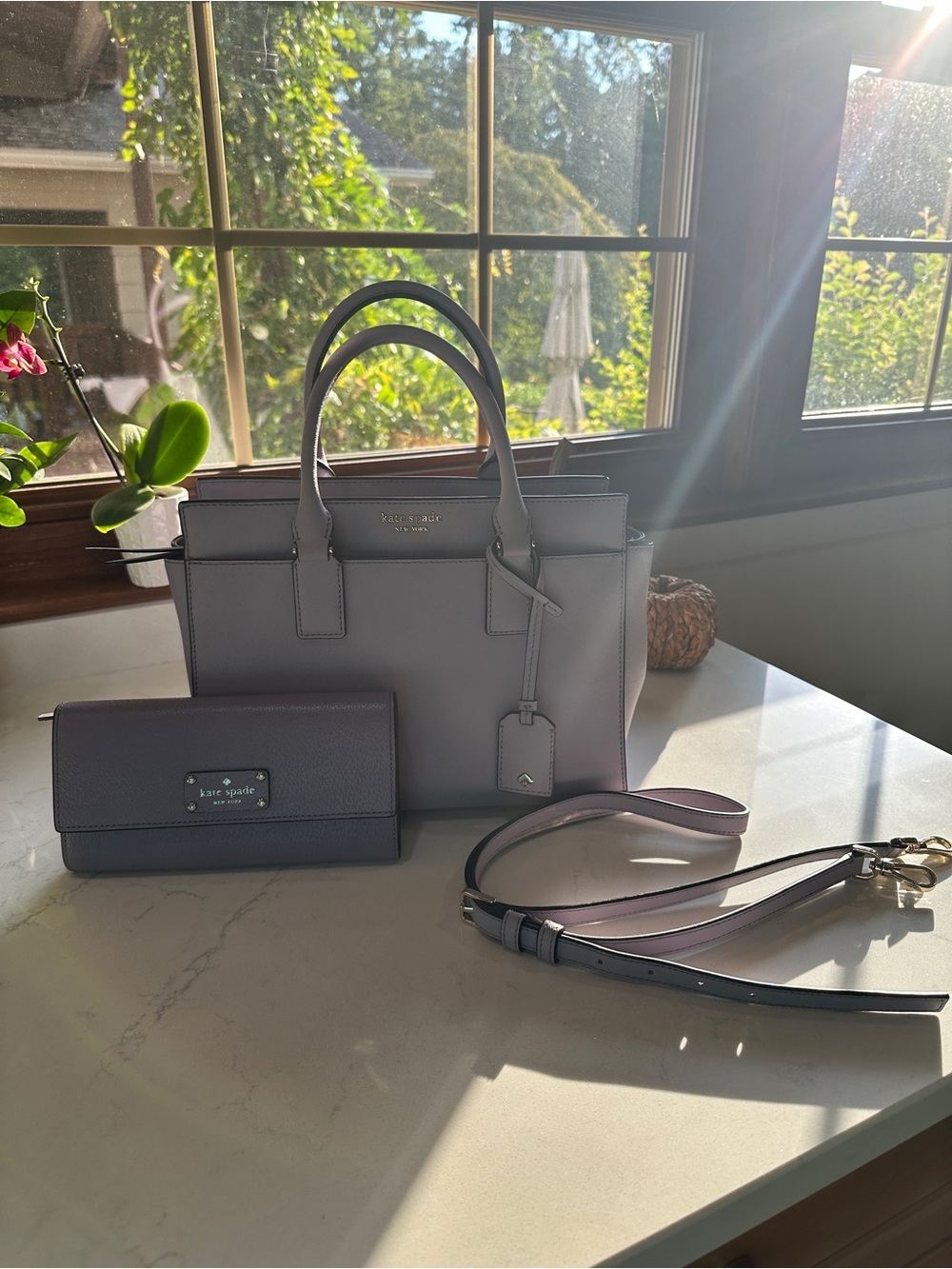 kate spade cameron medium leather satchel in lilac lavender with wallet & strap